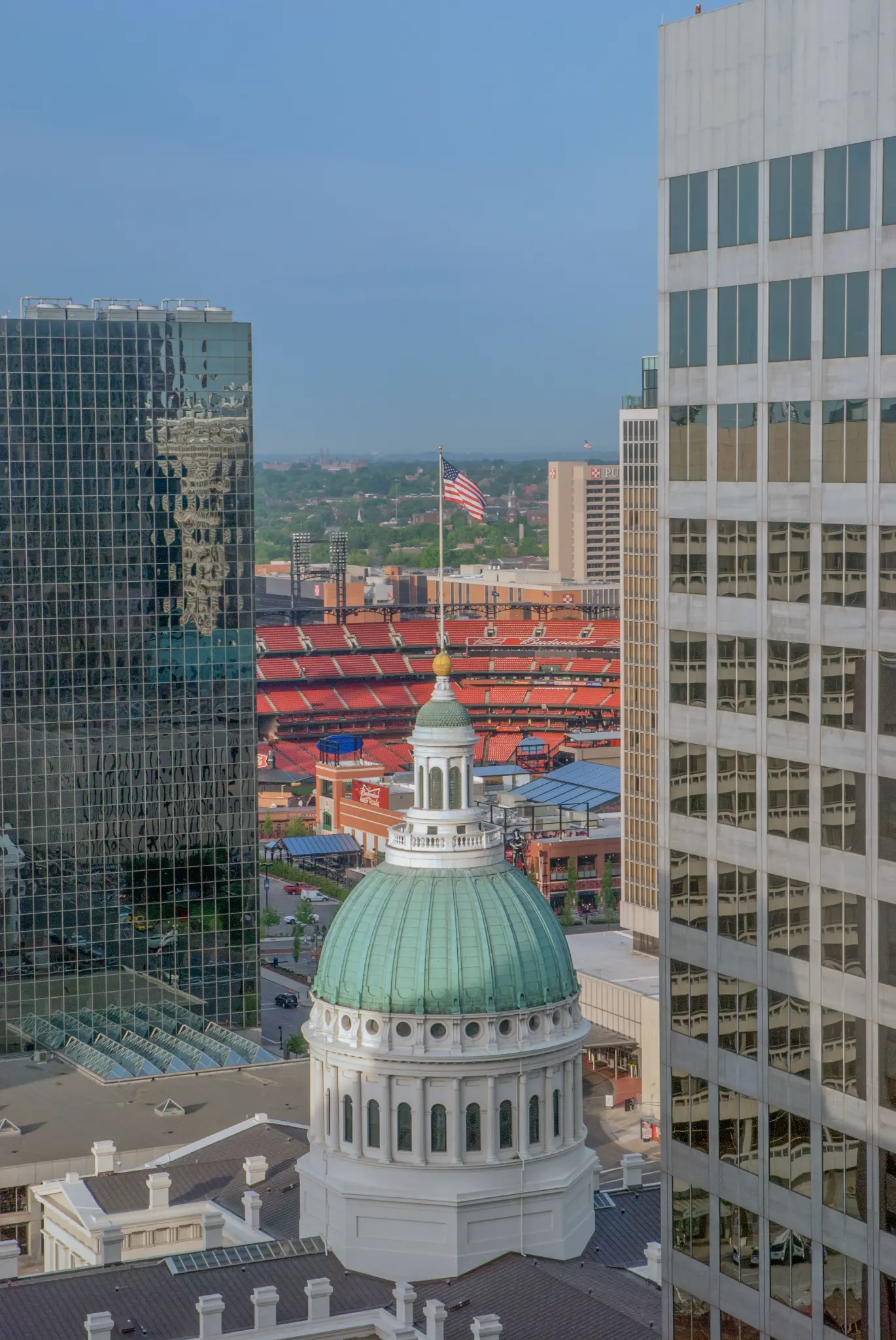 Downtown St. Louis skyline with Old Courthouse and Busch Stadium
